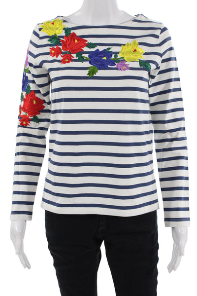 Ports Womens Blue Floral Striped Cotton Crew Neck Long Sleeve T-Shirt Size XS