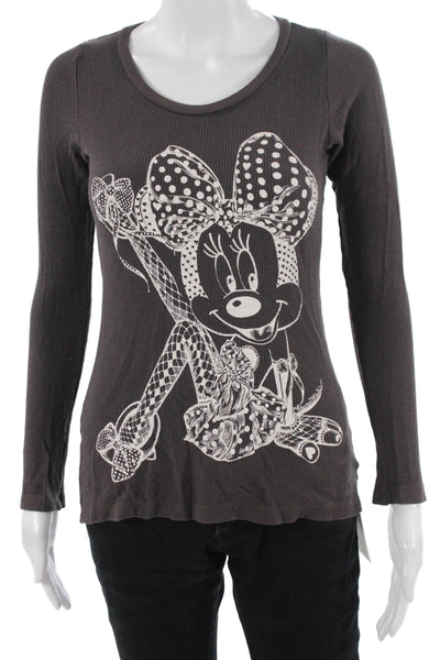 Lauren Moshi Women Graphic Cartoon Long Sleeve T-Shirt Dark Gray Size S