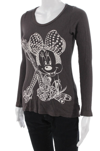 Lauren Moshi Women Graphic Cartoon Long Sleeve T-Shirt Dark Gray Size S