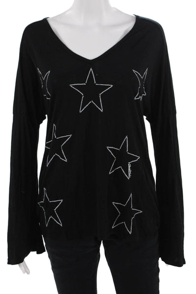 Lauren Moshi Women Black VNeck Jersey T-Shirt Long Sleeve Stars Graphic Size XS