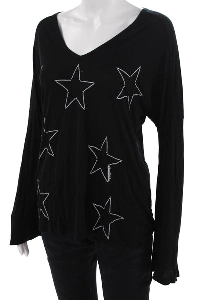 Lauren Moshi Women Black VNeck Jersey T-Shirt Long Sleeve Stars Graphic Size XS