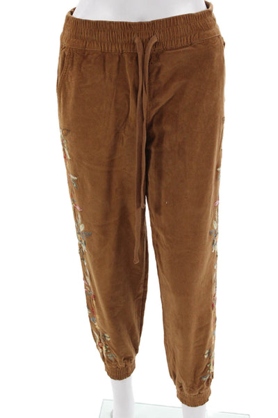 Driftwood Women Brown Floral Corduroy Jogger Pants Drawstring Boho Fall Size XS