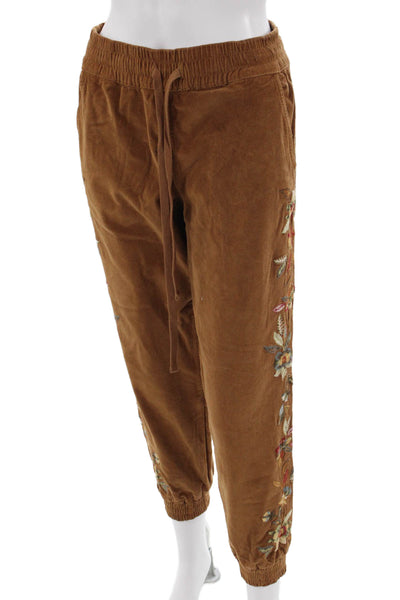 Driftwood Women Brown Floral Corduroy Jogger Pants Drawstring Boho Fall Size XS