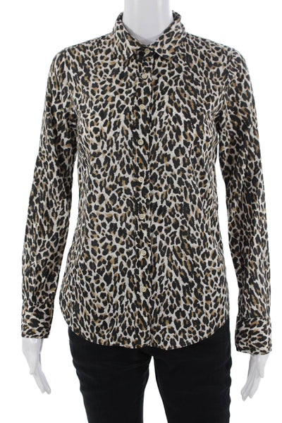J Crew Womens Animal Print Black Cotton Button Long Sleeve Top Size 0