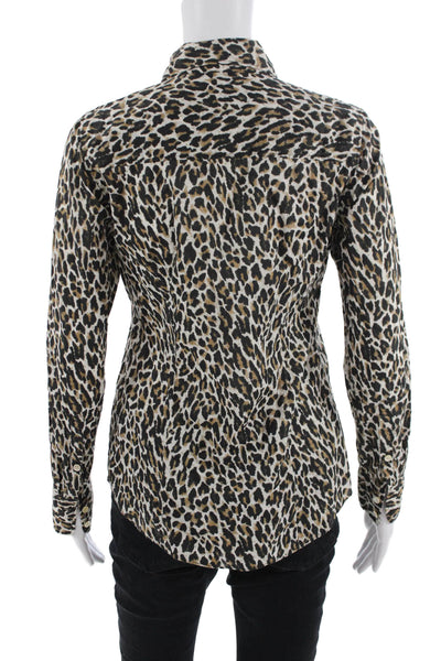 J Crew Womens Animal Print Black Cotton Button Long Sleeve Top Size 0