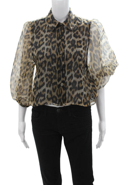 Zara Women Cropped Animal Print Collared Button-Up Beige Blouse Size S