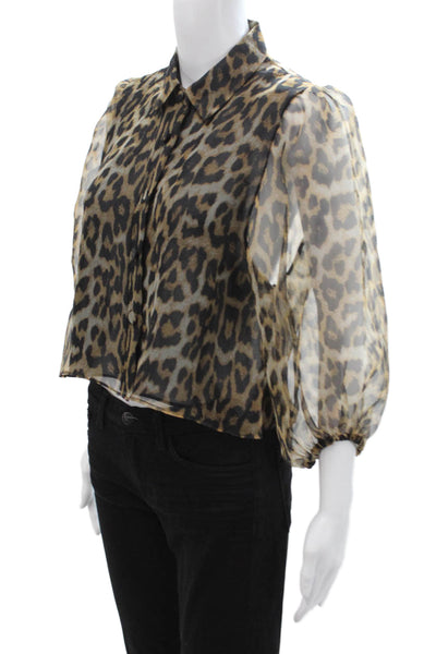 Zara Women Cropped Animal Print Collared Button-Up Beige Blouse Size S
