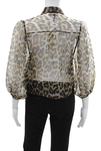 Zara Women Cropped Animal Print Collared Button-Up Beige Blouse Size S