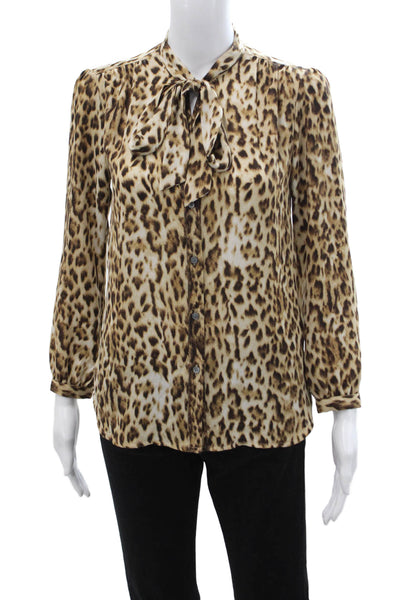 J Crew Women Brown Animal Print Collared Button Up Blouse Long Sleeve Size 2XS