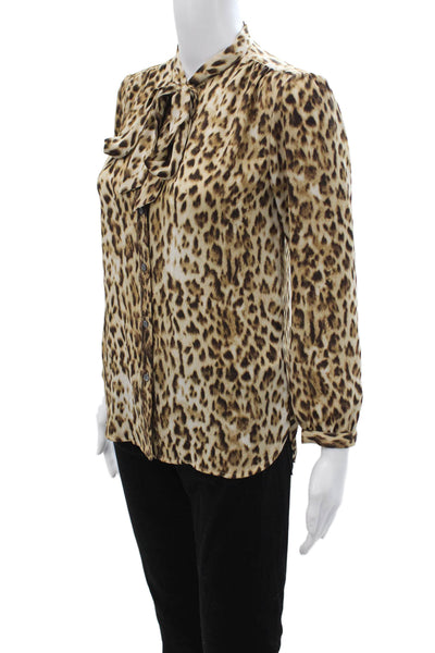 J Crew Women Brown Animal Print Collared Button Up Blouse Long Sleeve Size 2XS