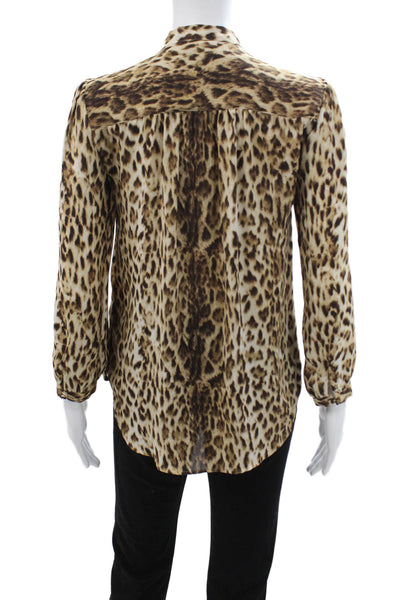 J Crew Women Brown Animal Print Collared Button Up Blouse Long Sleeve Size 2XS