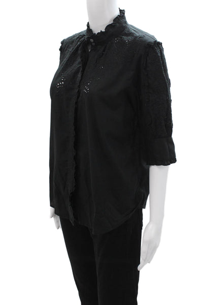 J Crew Women Black Floral Button Up Blouse 3/4 Sleeve Boho Size XS