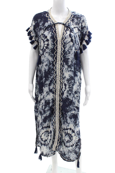 Skemo Women Dark Blue Kaftan Dress Boho Drawstring Polyester Mid-Calf Size S
