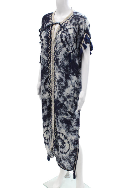 Skemo Women Dark Blue Kaftan Dress Boho Drawstring Polyester Mid-Calf Size S