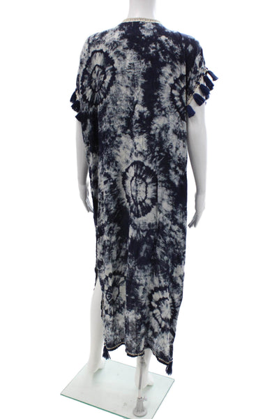 Skemo Women Dark Blue Kaftan Dress Boho Drawstring Polyester Mid-Calf Size S