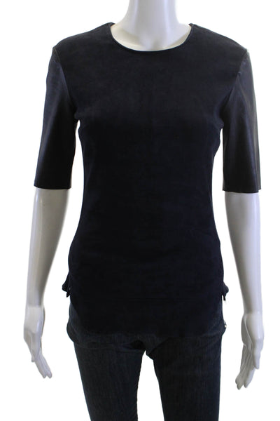 Sharis Place Women Basic Suede Blend Dark Blue Round Neck 3/4 Sleeve Top Size S