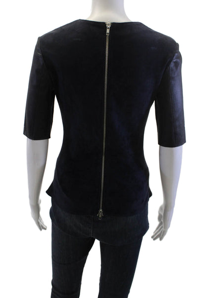 Sharis Place Women Basic Suede Blend Dark Blue Round Neck 3/4 Sleeve Top Size S
