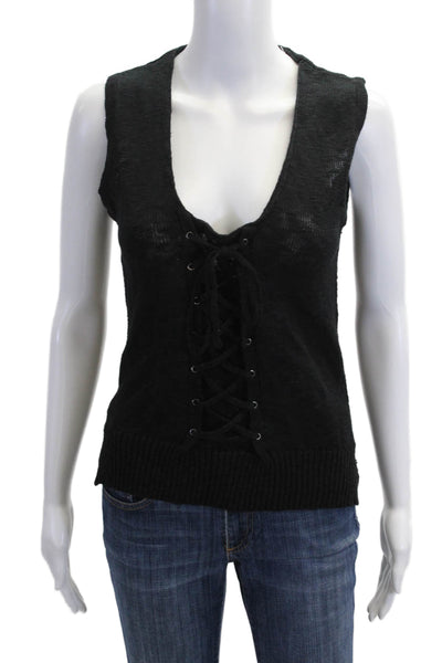 Roi Women Gothic Black V Neck Lace Up Sleeveless Tank 99% Cotton Size S