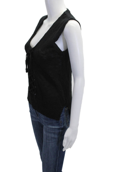 Roi Women Gothic Black V Neck Lace Up Sleeveless Tank 99% Cotton Size S