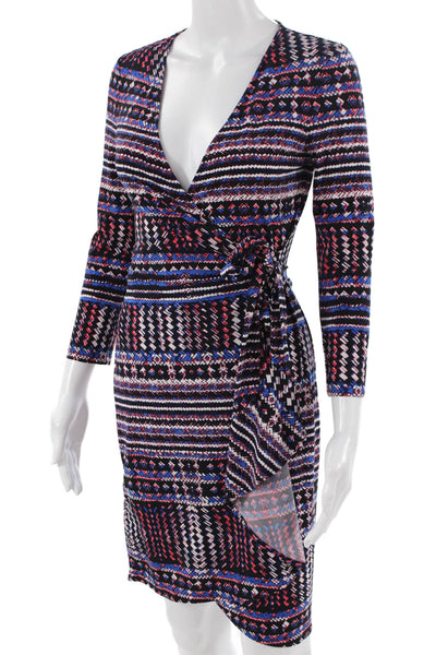 BCBG Max Azria Womens Wrap Dress Black V-Neck 3/4 Sleeve Aztec Size XS