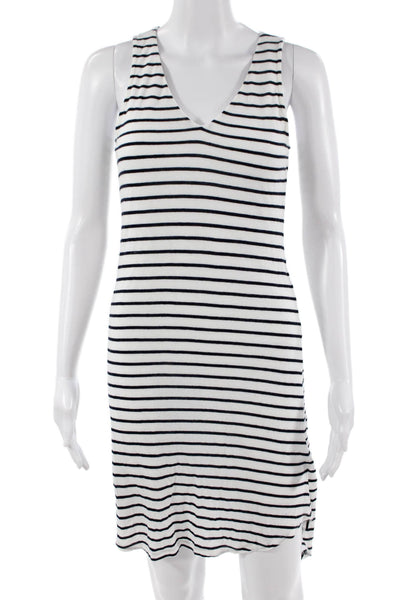 Workshop Women Tank Dress Black V-Neck Striped Rayon Linen Knee-Length Size XS