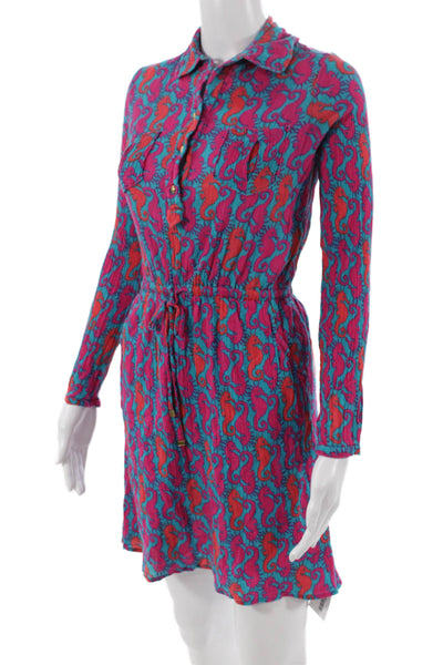 Lilly Pulitzer Womens Shirt Dress Blue Animal Print Long Sleeve Size 0