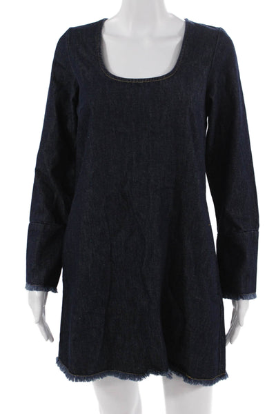 Aligne Women Shift Dress Dark Blue Square Neck Long Sleeve Cotton Size 2