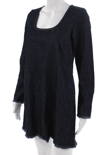 Aligne Women Shift Dress Dark Blue Square Neck Long Sleeve Cotton Size 2