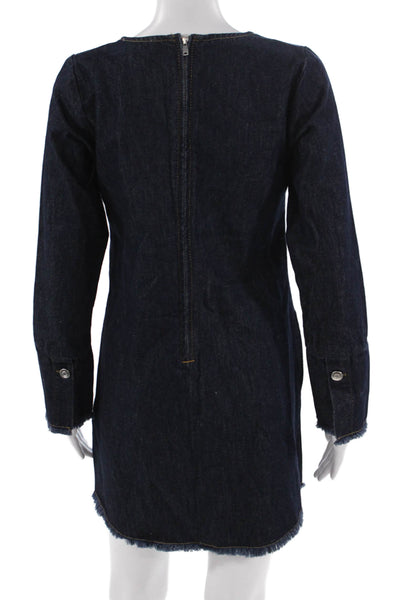 Aligne Women Shift Dress Dark Blue Square Neck Long Sleeve Cotton Size 2