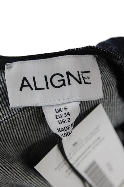 Aligne Women Shift Dress Dark Blue Square Neck Long Sleeve Cotton Size 2