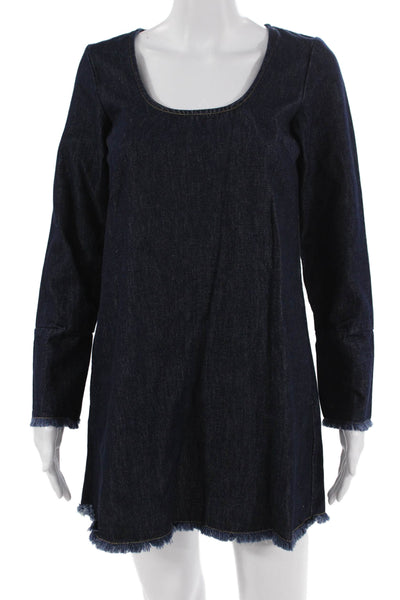 Aligne Women Shift Shirt Dress Dark Blue Long Sleeve Button Cotton Size 0