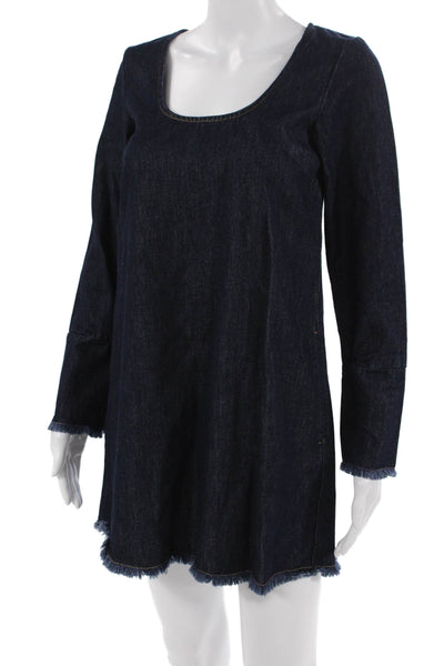 Aligne Women Shift Shirt Dress Dark Blue Long Sleeve Button Cotton Size 0