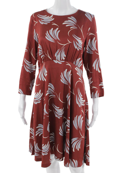 Loft Womens Fit & Flare Floral Midi Dress Brown Long Sleeve Size 4