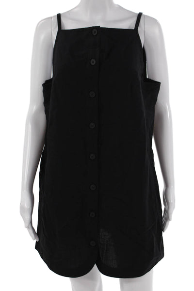 Aligne Women Shift Shirt Dress Black Square Neck Button Linen Blend Size 8
