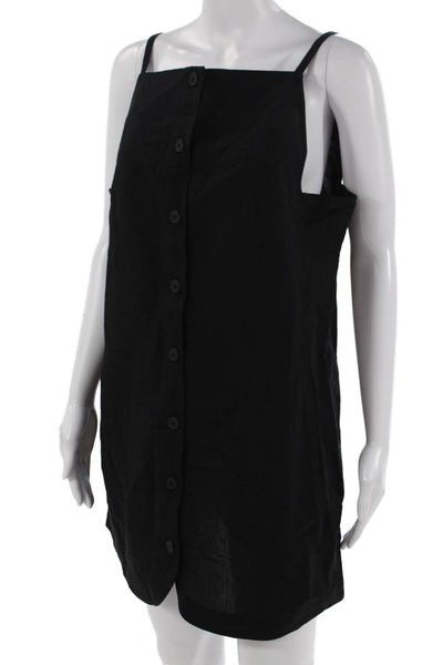 Aligne Women Shift Shirt Dress Black Square Neck Button Linen Blend Size 8