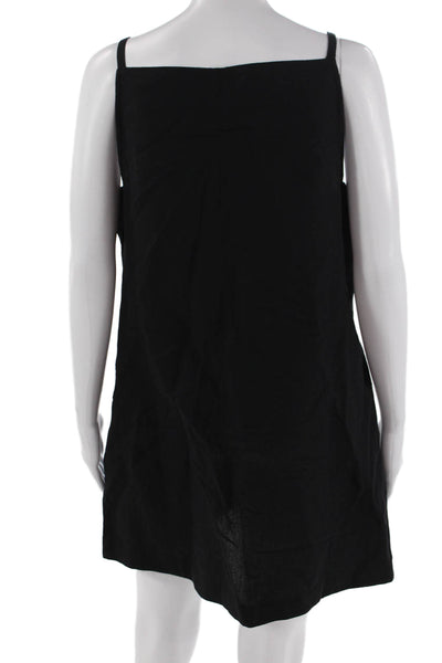 Aligne Women Shift Shirt Dress Black Square Neck Button Linen Blend Size 8