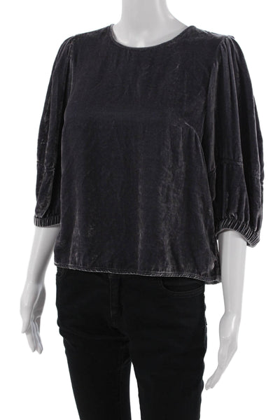 Velvet Womens Bohemian 3/4 Sleeve Round Neck Zip Blouse Dark Gray Size S