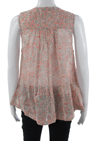 Rebecca Taylor Women Gray Cotton Floral Sleeveless Round Neck Blouse Size 8