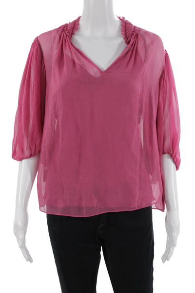 Rebecca Taylor Womens Silk V-Neck 3/4 Sleeve Solid Pink Blouse Designer Size S