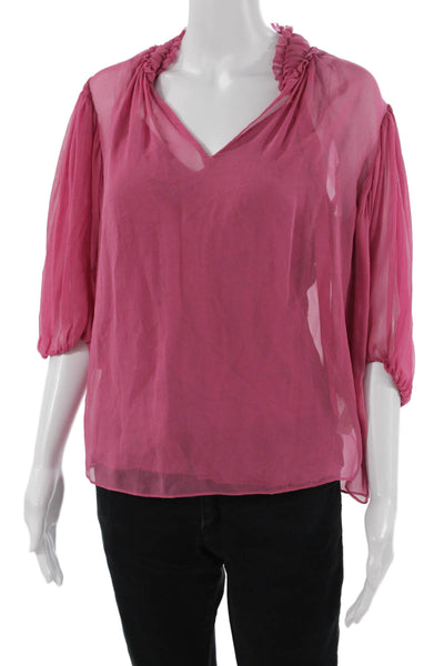 Rebecca Taylor Womens Silk V-Neck 3/4 Sleeve Solid Pink Blouse Designer Size S