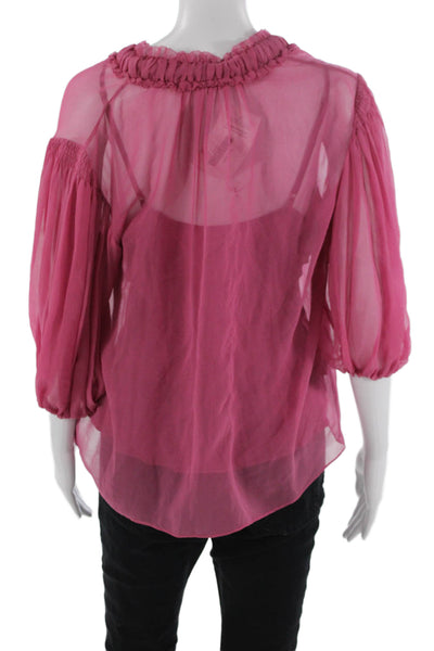 Rebecca Taylor Womens Silk V-Neck 3/4 Sleeve Solid Pink Blouse Designer Size S