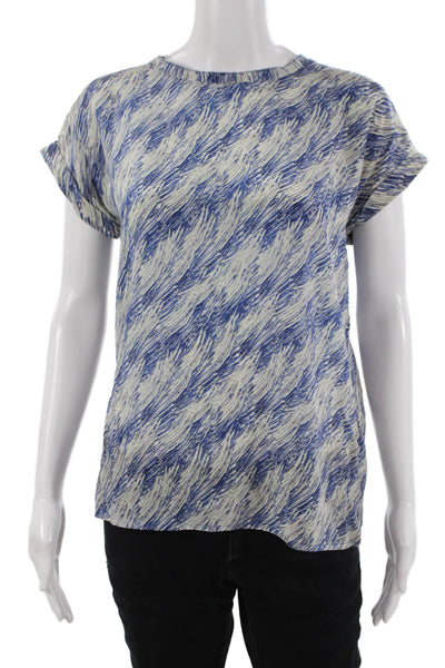 Reiss Women Blue 100% Silk Crew Neck Short Sleeve Art Blouse Hook & Eye Size 4
