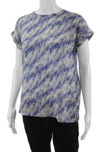 Reiss Women Blue 100% Silk Crew Neck Short Sleeve Art Blouse Hook & Eye Size 4