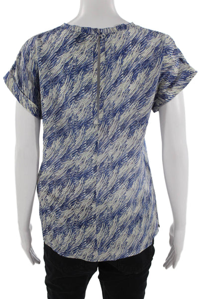 Reiss Women Blue 100% Silk Crew Neck Short Sleeve Art Blouse Hook & Eye Size 4