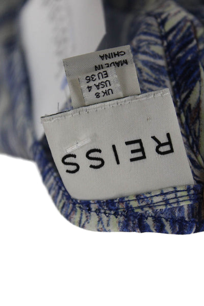 Reiss Women Blue 100% Silk Crew Neck Short Sleeve Art Blouse Hook & Eye Size 4