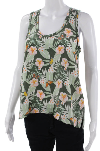 Joie Womens Silk Floral Sleeveless Tank Round Neck Green Butterfly Size S