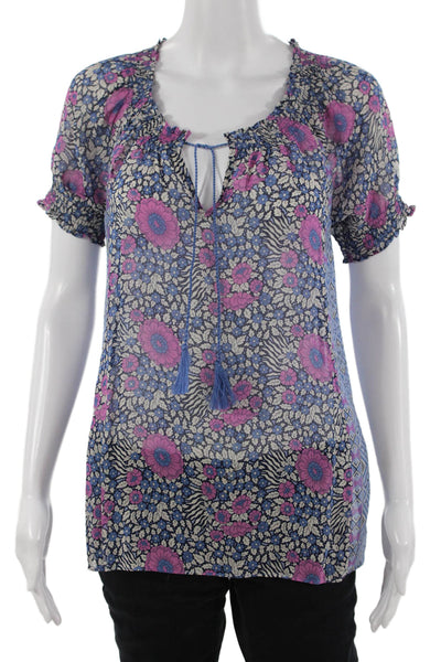 Joie Women Tunic Blouse Blue Floral Silk Short Sleeve Drawstring Size S