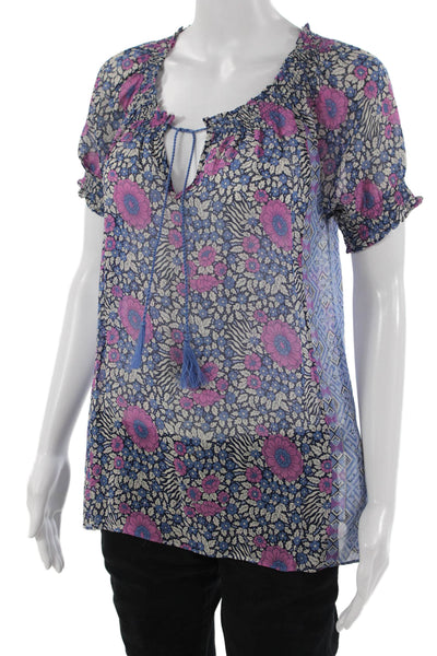 Joie Women Tunic Blouse Blue Floral Silk Short Sleeve Drawstring Size S