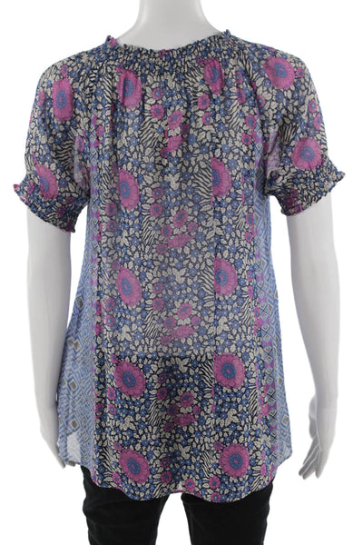 Joie Women Tunic Blouse Blue Floral Silk Short Sleeve Drawstring Size S
