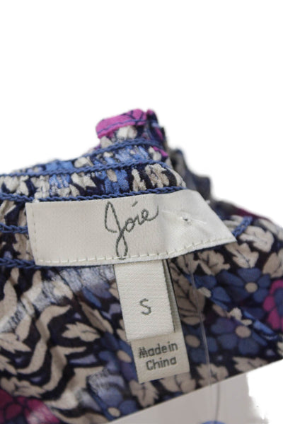 Joie Women Tunic Blouse Blue Floral Silk Short Sleeve Drawstring Size S